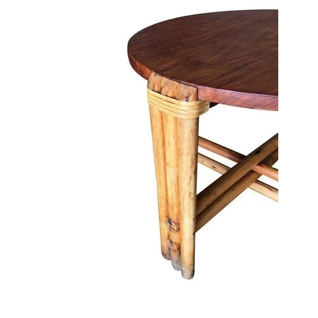 Restored Round Rattan Coffee Table W/ Mahogany Top - 2