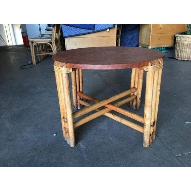 Restored Round Rattan Coffee Table W/ Mahogany Top - 3