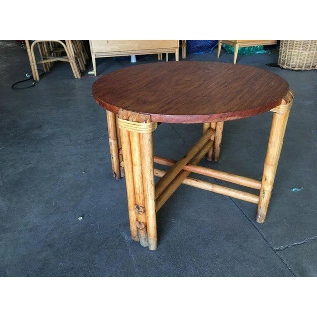 Restored Round Rattan Coffee Table W/ Mahogany Top - 4