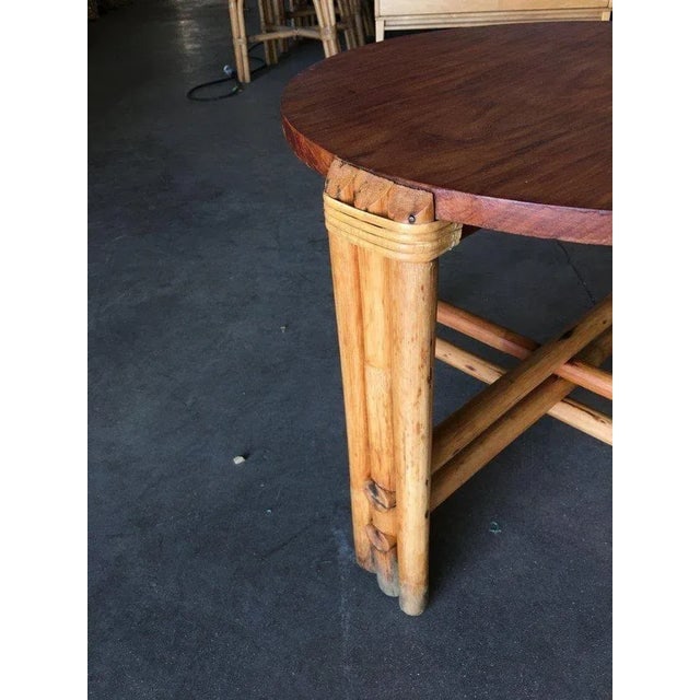 Restored Round Rattan Coffee Table W/ Mahogany Top - 5