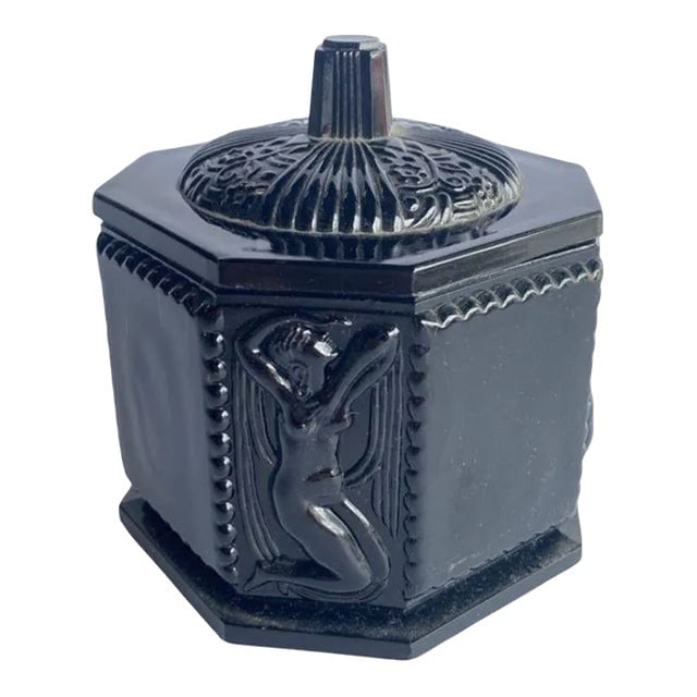 1920s Art Deco Black Amethyst Tiara Glass Vanity Jar With figure Woman (1 of 9)