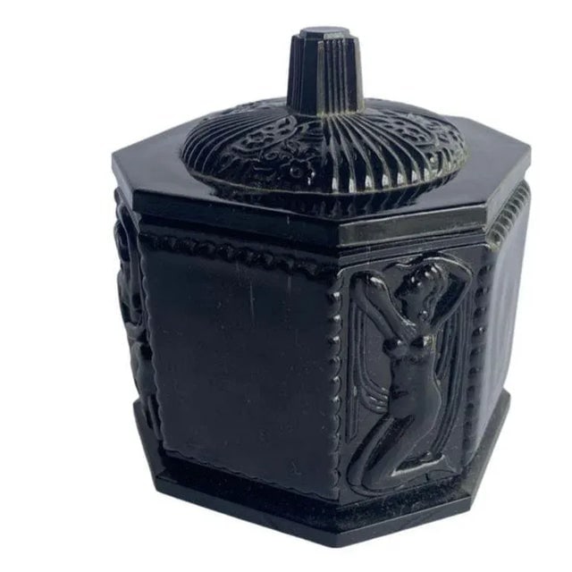 1920s Art Deco Black Amethyst Tiara Glass Vanity Jar With figure Woman - 2
