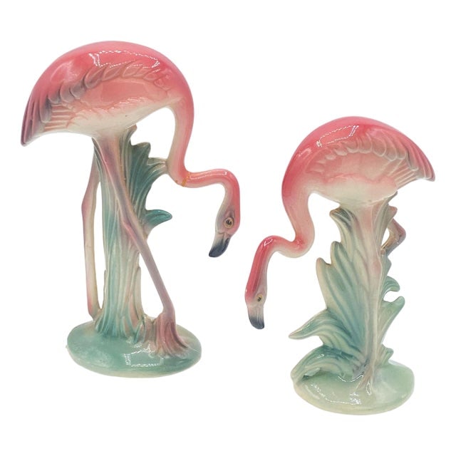 1950s Mid-Century Pink Drinking Flamingo Ceramic Tabletop Sculpture Set by Brad Keeler, 2 Pieces: Title: 1950s Mid-Century Pink Drinking Flamingo Ceramic Tabletop Sculpture Set by Brad Keeler, 2 Pieces Description: Mid-century pink and green matching California ceramic flamingo tabletop statues by