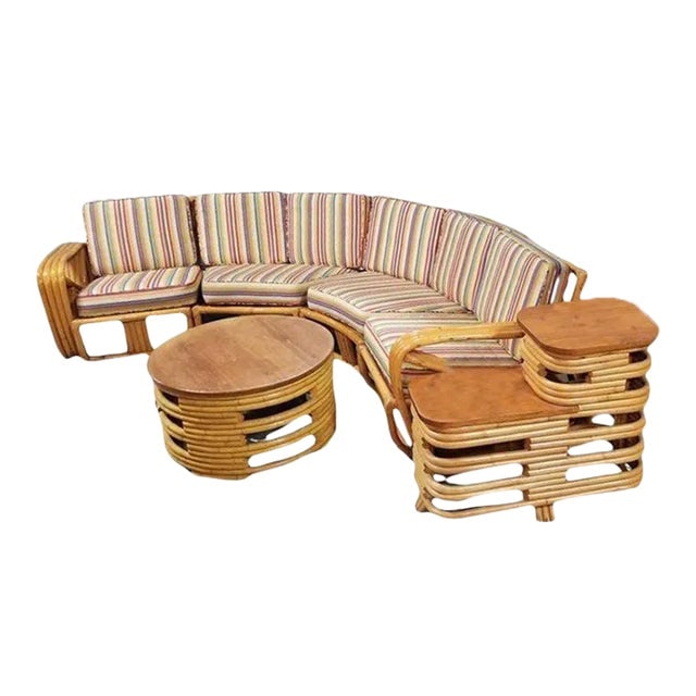 1950s Restored Square Pretzel Corner Sofa, Coffee & Side Table Livingroom Set: Title: 1950s Restored Square Pretzel Corner Sofa, Coffee & Side Table Livingroom Set Description: Mid-century restored rattan living room set featuring a 4-piece sectional corner sofa with square pret