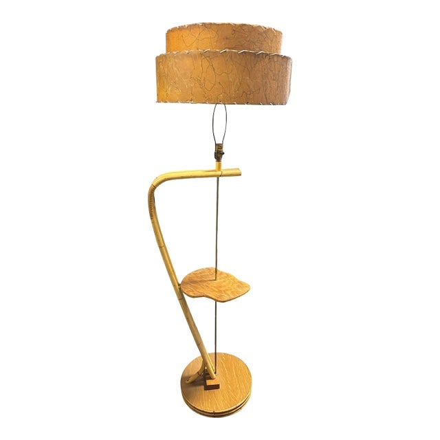1950s Restored Googie Asymmetric Pole Floor Lamp With Side Table & Fiberglass Shade: Title: 1950s Restored Googie Asymmetric Pole Floor Lamp With Side Table & Fiberglass Shade Description: Rattan pole lamp featuring 6 decorative rattan poles centered around a rattan post all fixed to 