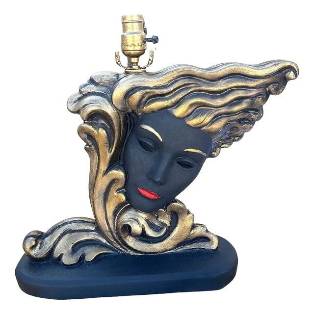 Mid-Century Female Portrait Sculptural Chalkware Table Lamp (1 of 7)
