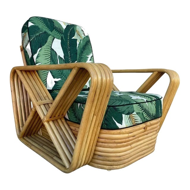 Restored MCM Paul T Frankl Style Rattan 5-Strand Square Pretzel Lounge Chair: Title: Restored MCM Paul T Frankl Style Rattan 5-Strand Square Pretzel Lounge Chair Description: This beautifully restored mid-century six-strand rattan lounge chair features square pretzel arms and a