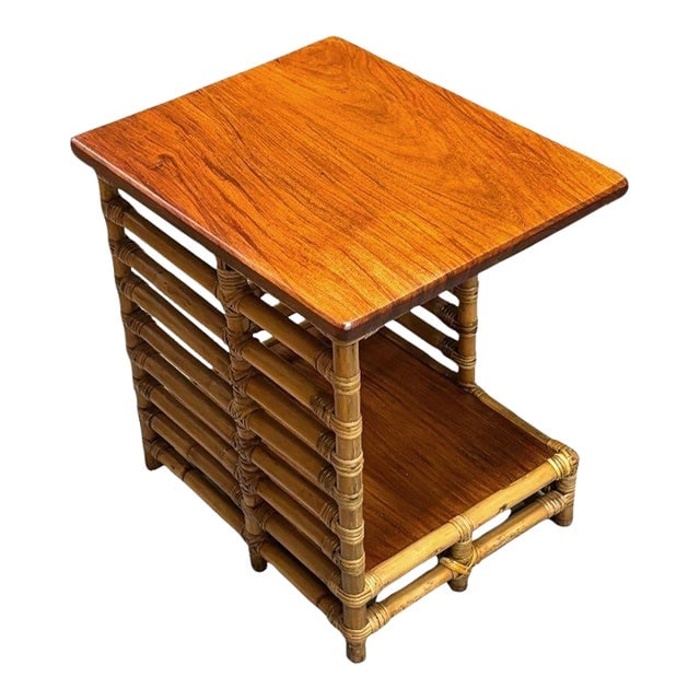 1950s Restored Rattan "Jacob's Ladder" Storage Side Table With Mahogany Top: Title: 1950s Restored Rattan "Jacob's Ladder" Storage Side Table With Mahogany Top Description: This beautifully restored rattan blending style vintage charm with modern comfort. Floating asymmetric "