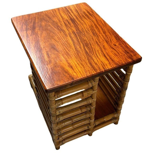 1950s Restored Rattan "Jacob's Ladder" Storage Side Table With Mahogany Top - 2