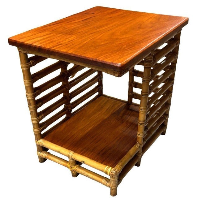 1950s Restored Rattan "Jacob's Ladder" Storage Side Table With Mahogany Top - 3