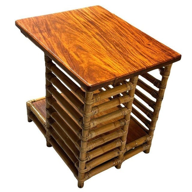 1950s Restored Rattan "Jacob's Ladder" Storage Side Table With Mahogany Top - 4