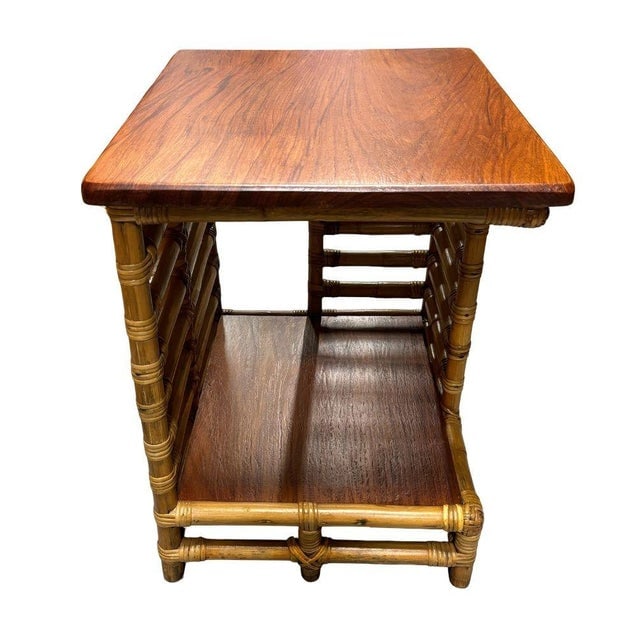 1950s Restored Rattan "Jacob's Ladder" Storage Side Table With Mahogany Top - 5