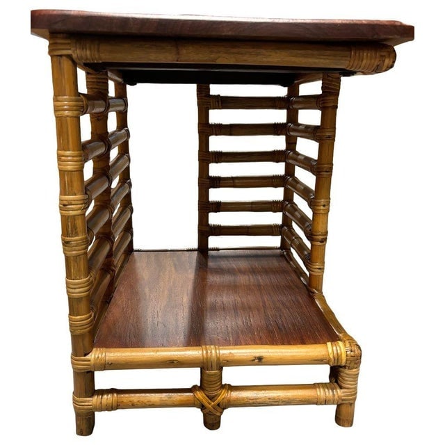 1950s Restored Rattan "Jacob's Ladder" Storage Side Table With Mahogany Top - 6