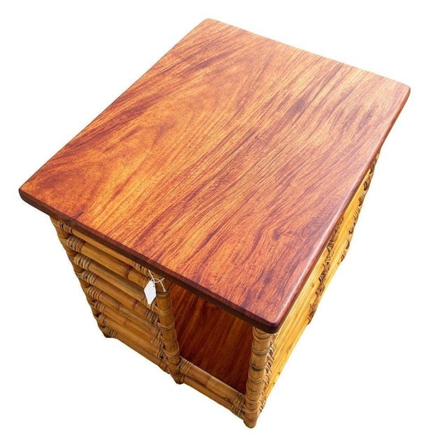 1950s Restored Rattan "Jacob's Ladder" Storage Side Table With Mahogany Top - 7