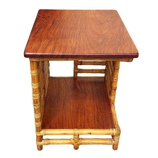 1950s Restored Rattan "Jacob's Ladder" Storage Side Table With Mahogany Top - 9