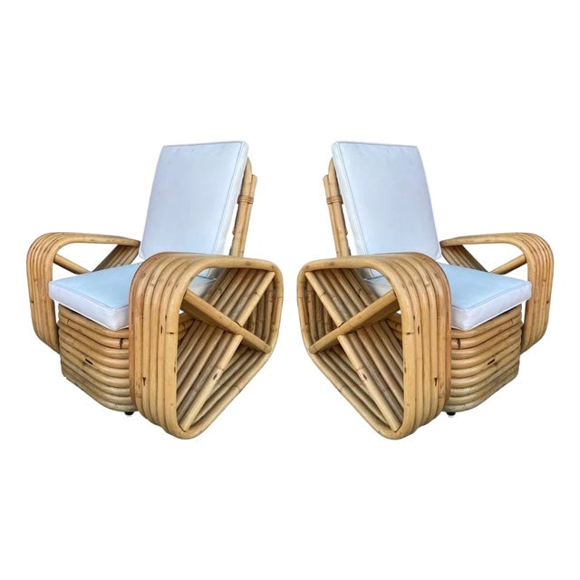 Restored 1950s Child Size Six-Strand Square Pretzel Rattan Lounge Chair, Pair: Title: Restored 1950s Child Size Six-Strand Square Pretzel Rattan Lounge Chair, Pair Description: This rare beautifully restored pair of child-size six-strand square pretzel rattan lounge chairs, each
