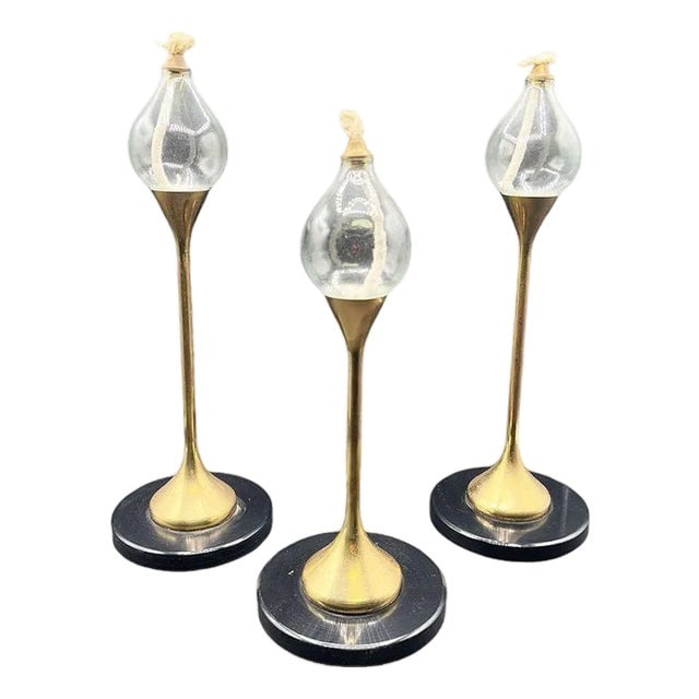 1970s German Brass "Clear Drops" Oil Lamp Candlestick by Freddie Andersen, Set of 3: Title: 1970s German Brass "Clear Drops" Oil Lamp Candlestick by Freddie Andersen, Set of 3 Description: Original set of 3 Freddie Andersen "Clear Drops" oil lamps made in West Germany. This lamp set f