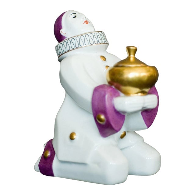 French Harlequin Ceramic Ink and Pen Stand by Aladin: Title: French Harlequin Ceramic Ink and Pen Stand by Aladin Description: A lovely French Harlequin ceramic ink and pen holder by Aladin. The white ceramic piece features purple and gold accents throug