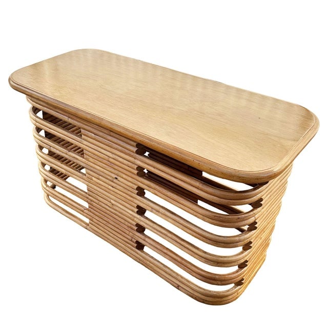 1950s Restored Mid-Century Mid-Century Stacked Rattan Side Drinks Table W/ Mahogany - 4