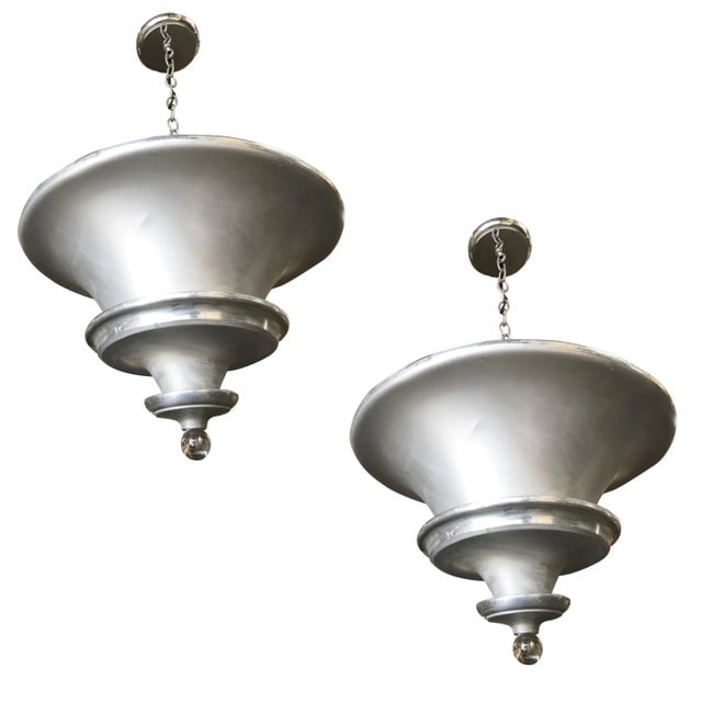 Spun Aluminum Art Deco Ceiling Pendant Lamp by Walter Von Nelson, Pair - 7