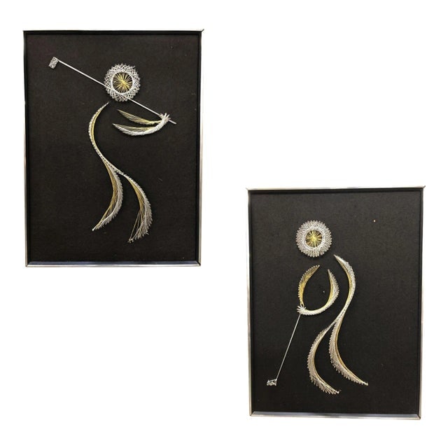 1950s Golfing Man String Nail Art Silver and Gold on Blackby Chapman, Pair (1 of 9)