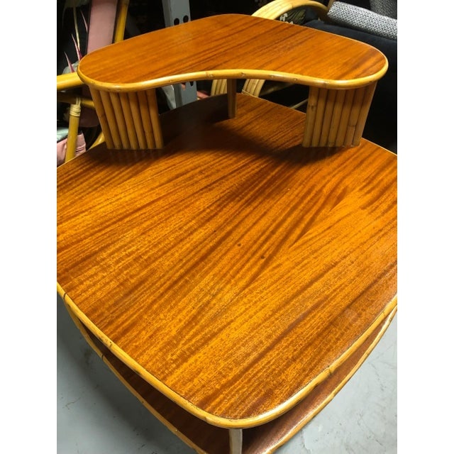 Restored Rattan 1940s Double Level Corner Table With Quatered Koa Wood Top - 2