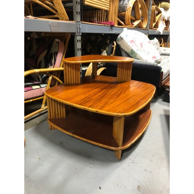 Restored Rattan 1940s Double Level Corner Table With Quatered Koa Wood Top - 3