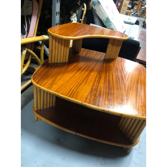 Restored Rattan 1940s Double Level Corner Table With Quatered Koa Wood Top - 4
