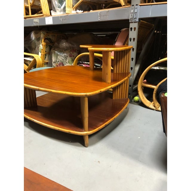 Restored Rattan 1940s Double Level Corner Table With Quatered Koa Wood Top - 5