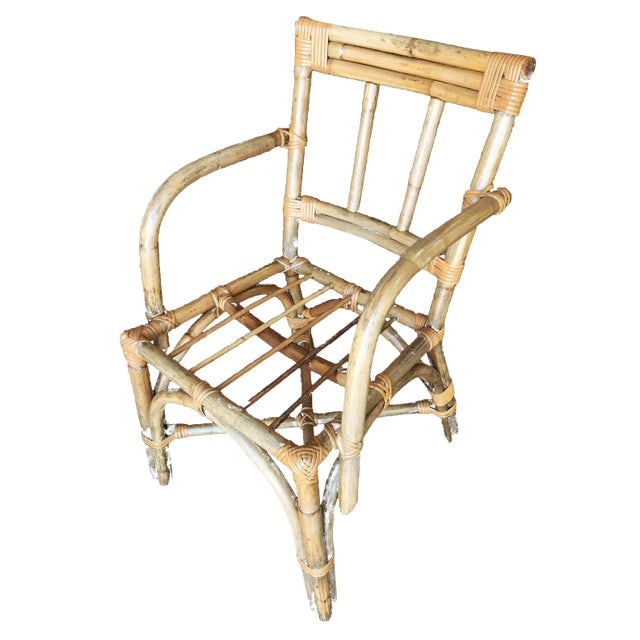 Restored Vintage Mid-Century Swoop Arm Rattan Armchair With Triple-Pole Back: Title: Restored Vintage Mid-Century Swoop Arm Rattan Armchair With Triple-Pole Back Description: Rattan dining side chairs with X-back and grey seat, circa 1950. Seat and back Cushions not shown for