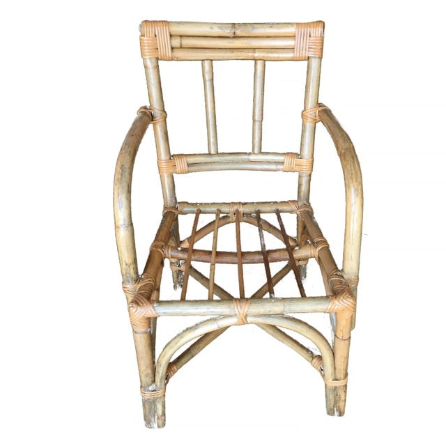 Restored Vintage Mid-Century Swoop Arm Rattan Armchair With Triple-Pole Back - 2