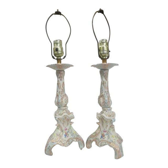 Mid-Century Capodimonte Style Italian Ceramic Floral Table Lamp, Pair (1 of 7)