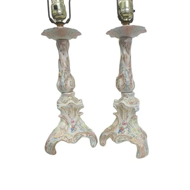 Mid-Century Capodimonte Style Italian Ceramic Floral Table Lamp, Pair - 2