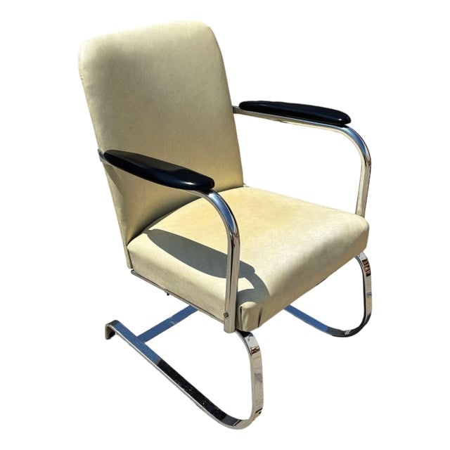 Art Deco Chrome & Vinyl Springer Rocking Chair by Kem Weber for Lloyd: Title: Art Deco Chrome & Vinyl Springer Rocking Chair by Kem Weber for Lloyd Description: This is a beautiful spring cantilever chrome lounge chair with black wood arms in yellow vinyl, designed by Ke