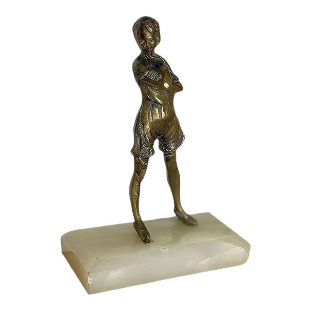 6" Tall Art Deco figure Female Flapper Bronze Sculpture on Green Onyx Base: Title: 6" Tall Art Deco figure Female Flapper Bronze Sculpture on Green Onyx Base Description: 6" Tall figure Flapper girl standing tall with her legs slightly apart, exuding confidence and poise. Her