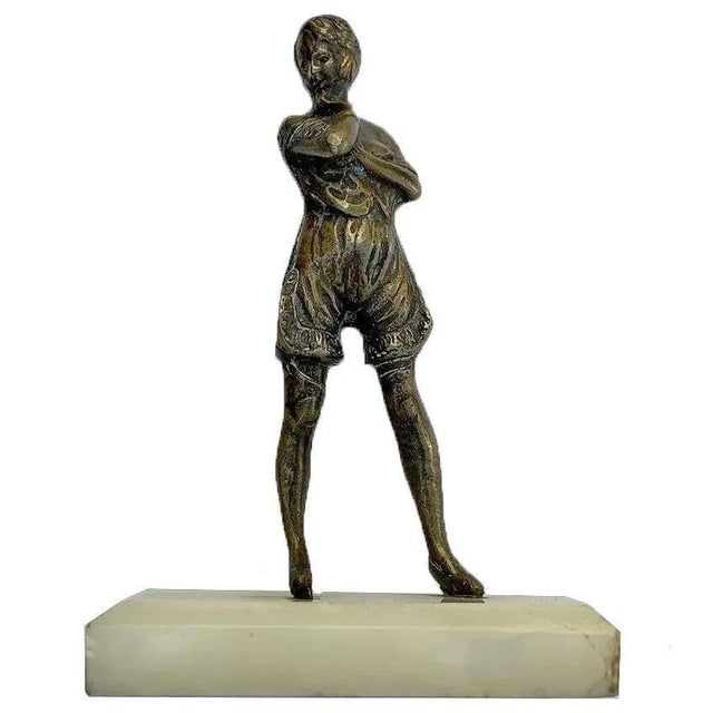 6" Tall Art Deco figure Female Flapper Bronze Sculpture on Green Onyx Base - 2