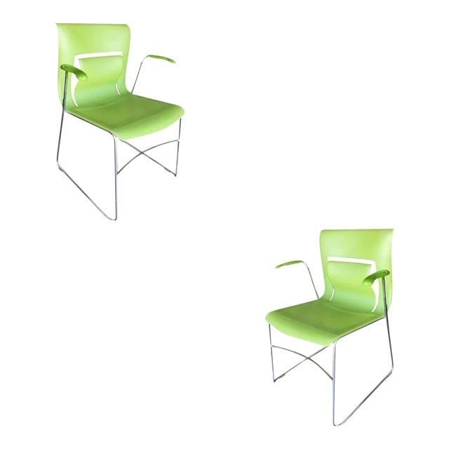 Green Stylex "Rhythm" Armchair by Sava Cvek, Pair: Title: Green Stylex "Rhythm" Armchair by Sava Cvek, Pair Description: This piece is a simple, yet elegant modern "Rhythm" armchair featuring a chromed steel base with a molded "black twilight" plastic