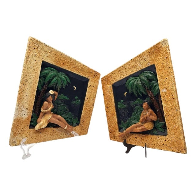 1950s Rare MCM Tropical Hula Girl & Ukulele Boy Art Pottery 3d Wall Sculptural, Pair (1 of 13)