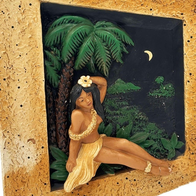 1950s Rare MCM Tropical Hula Girl & Ukulele Boy Art Pottery 3d Wall Sculptural, Pair - 3