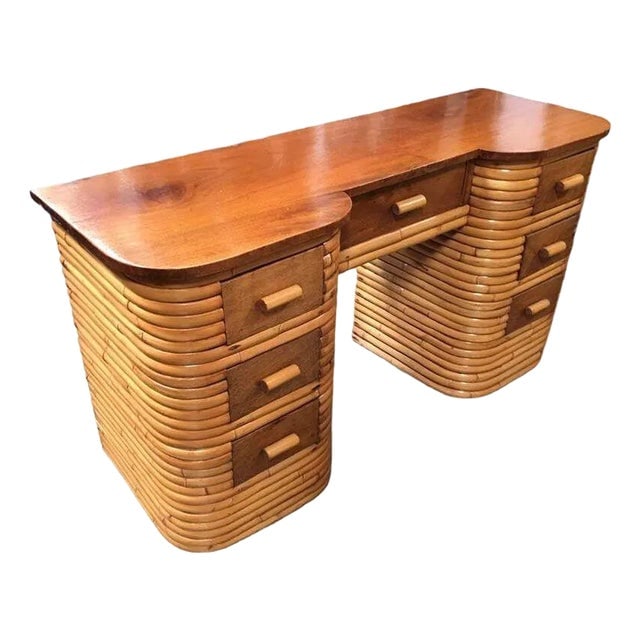 1930s Restored Art Deco Stacked Rattan Partner Desk W/ Mahogany Top: Title: 1930s Restored Art Deco Stacked Rattan Partner Desk W/ Mahogany Top Description: Stacked rattan secretary desk with a mahogany top, center drawer with two sets of drawers on each side of the de