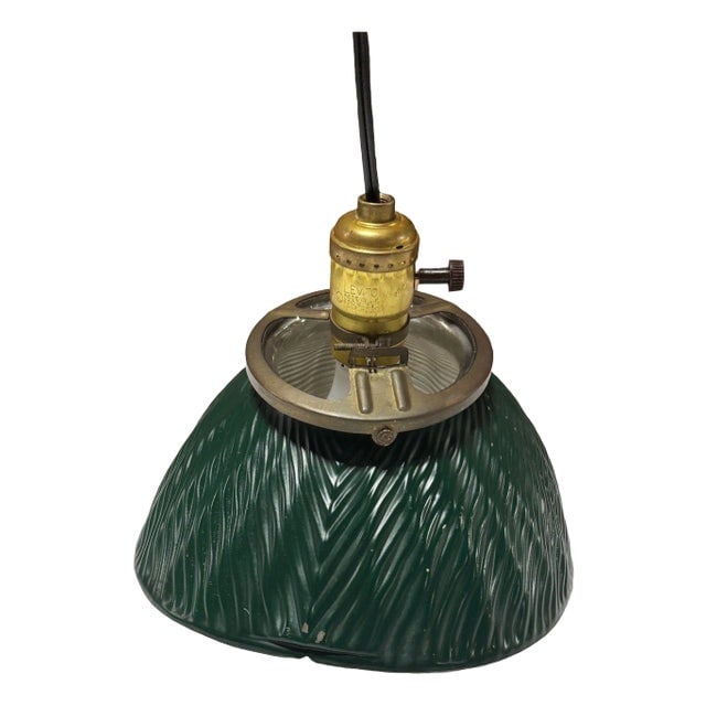 1930's Green Mercury Glass Industrial Pendant Light: Title: 1930's Green Mercury Glass Industrial Pendant Light Description: This 1930s shade, inspired by X-Ray Curtis's mercury glass, was designed for high-intensity reflection, vital for early, less po