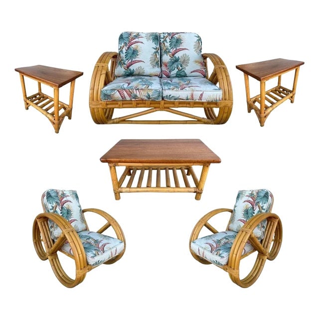 Restored 1950s Mid-Century Child Size 3-Strand Round Pretzel Rattan Living Room Set: Title: Restored 1950s Mid-Century Child Size 3-Strand Round Pretzel Rattan Living Room Set Description: This rare beautifully restored three-strand round full pretzel arm rattan living room set featur