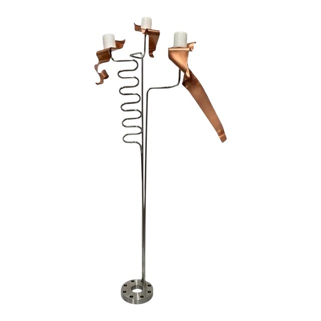 1990s Machine Chrome & Copper 3 Arm Artist Signed Abstract Sculptural Candelabra (1 of 9)