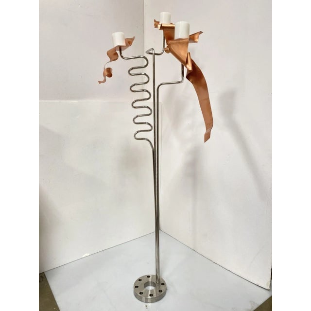 1990s Machine Chrome & Copper 3 Arm Artist Signed Abstract Sculptural Candelabra - 6