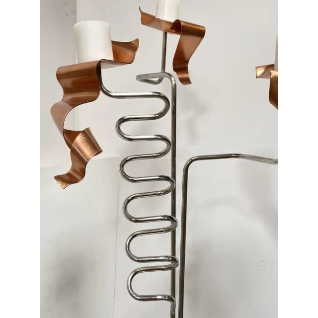 1990s Machine Chrome & Copper 3 Arm Artist Signed Abstract Sculptural Candelabra - 7