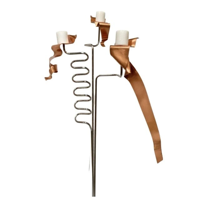 1990s Machine Chrome & Copper 3 Arm Artist Signed Abstract Sculptural Candelabra - 8