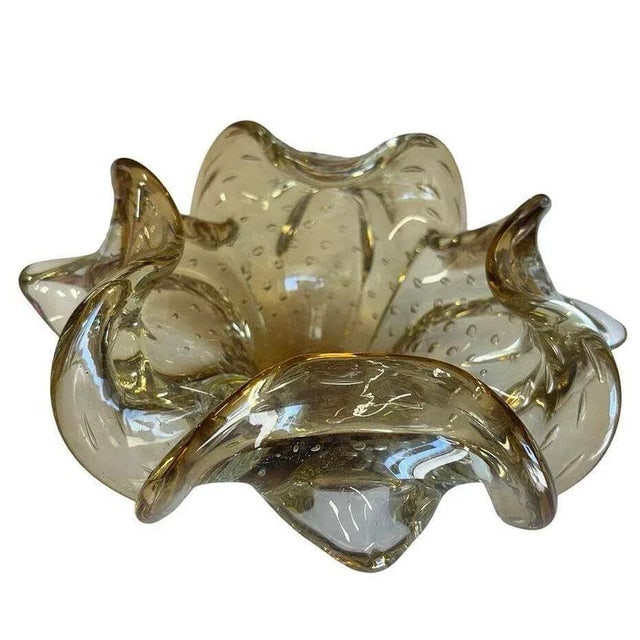 Mid-Century Bullicante Amber Gold-Tone Ruffle Murano Style Art Glass Ashtray - 2