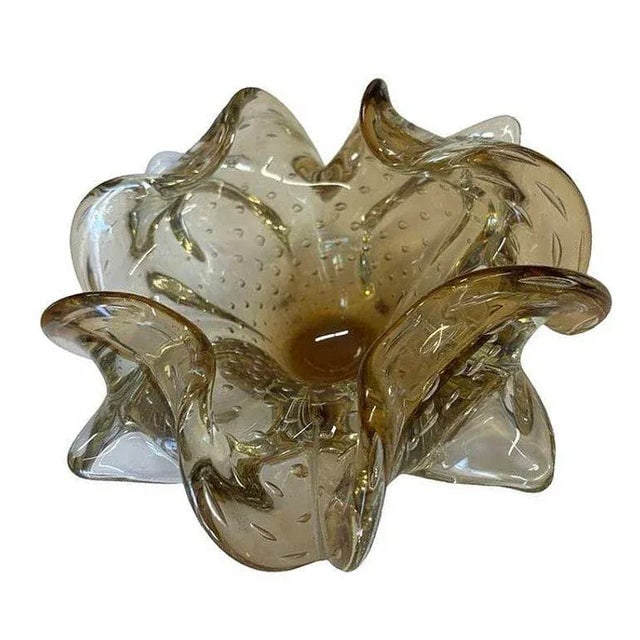 Mid-Century Bullicante Amber Gold-Tone Ruffle Murano Style Art Glass Ashtray - 3