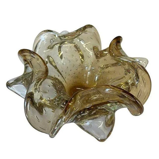 Mid-Century Bullicante Amber Gold-Tone Ruffle Murano Style Art Glass Ashtray - 4