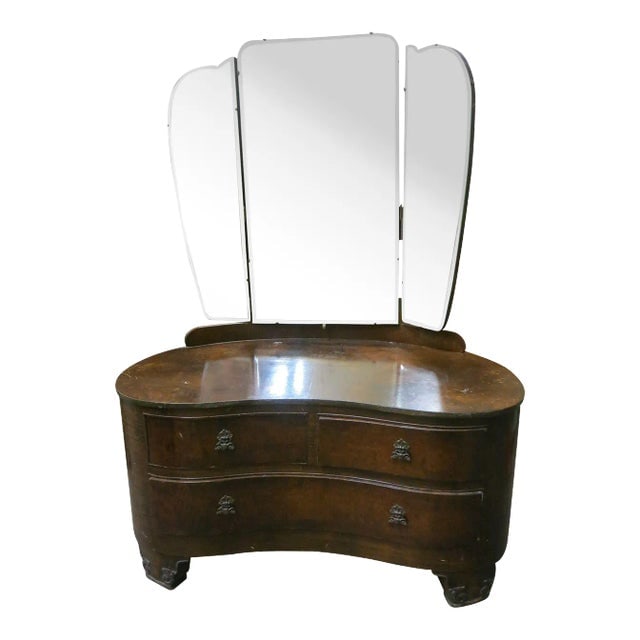 Edwardian Dark Stained Burlwood Vanity with Trifold Mirror, Circa 1910 (1 of 6)
